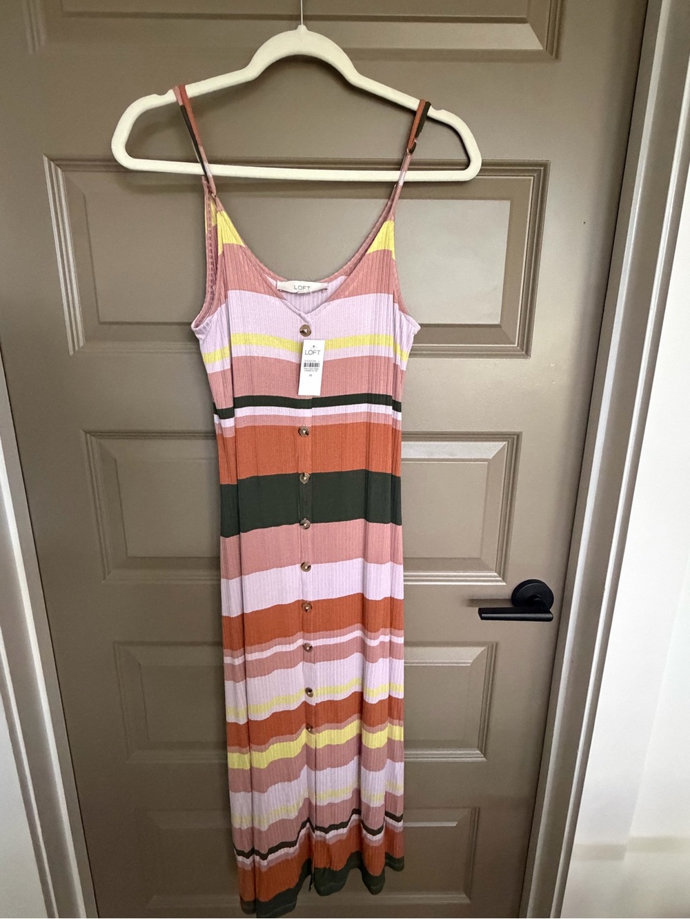 LOFT Striped Ribbed Button-Front Maxi Dress in Pink, Rust, Olive & Yellow
